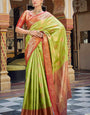 Girlish Parrot Green Soft Banarasi Silk Saree With Demanding Blouse Piece