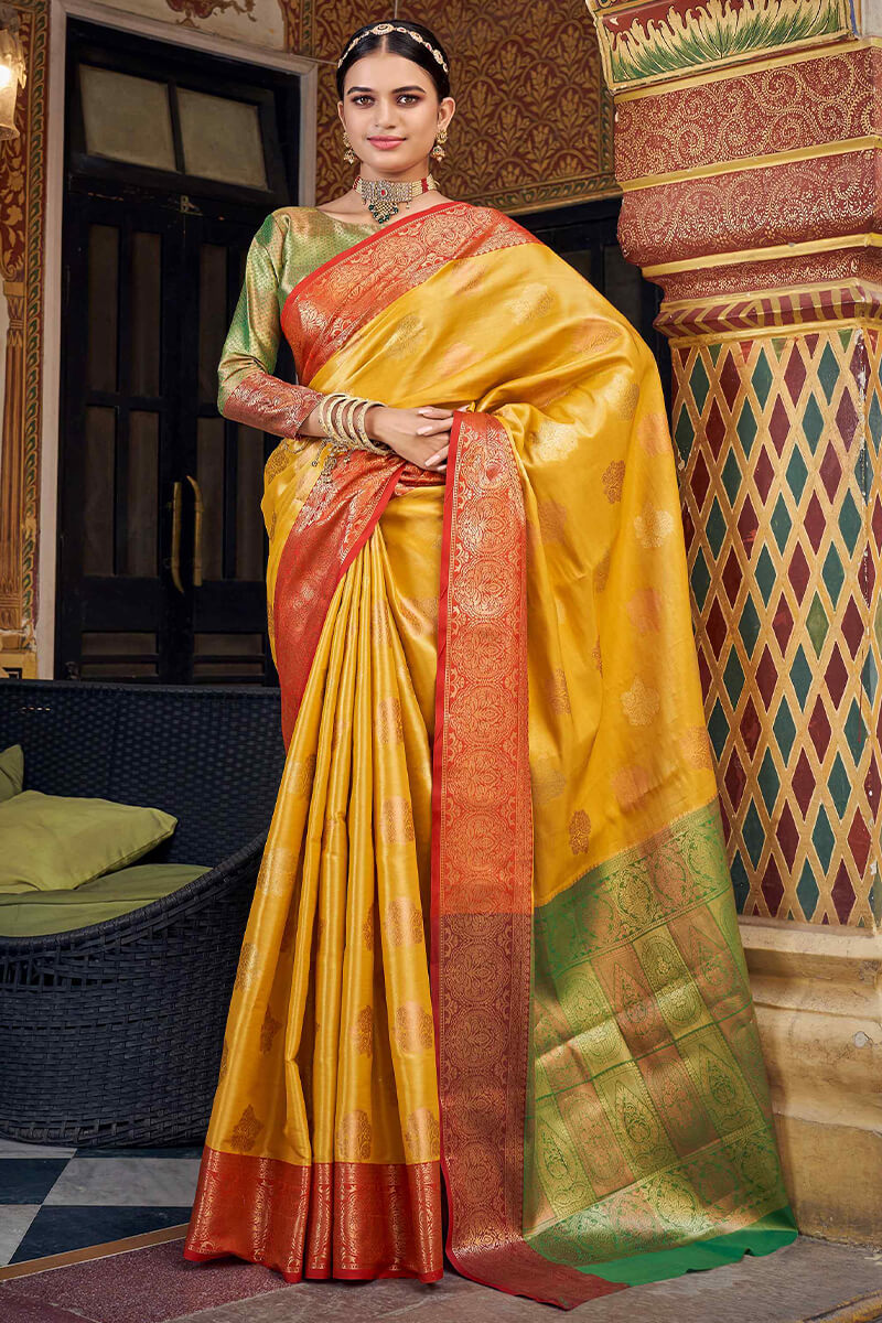 Eye-catching Yellow Soft Banarasi Silk Saree With Beautiful Blouse Piece