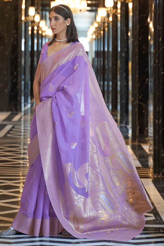 Staring Lavender Cotton Silk Saree With Charming Blouse Piece