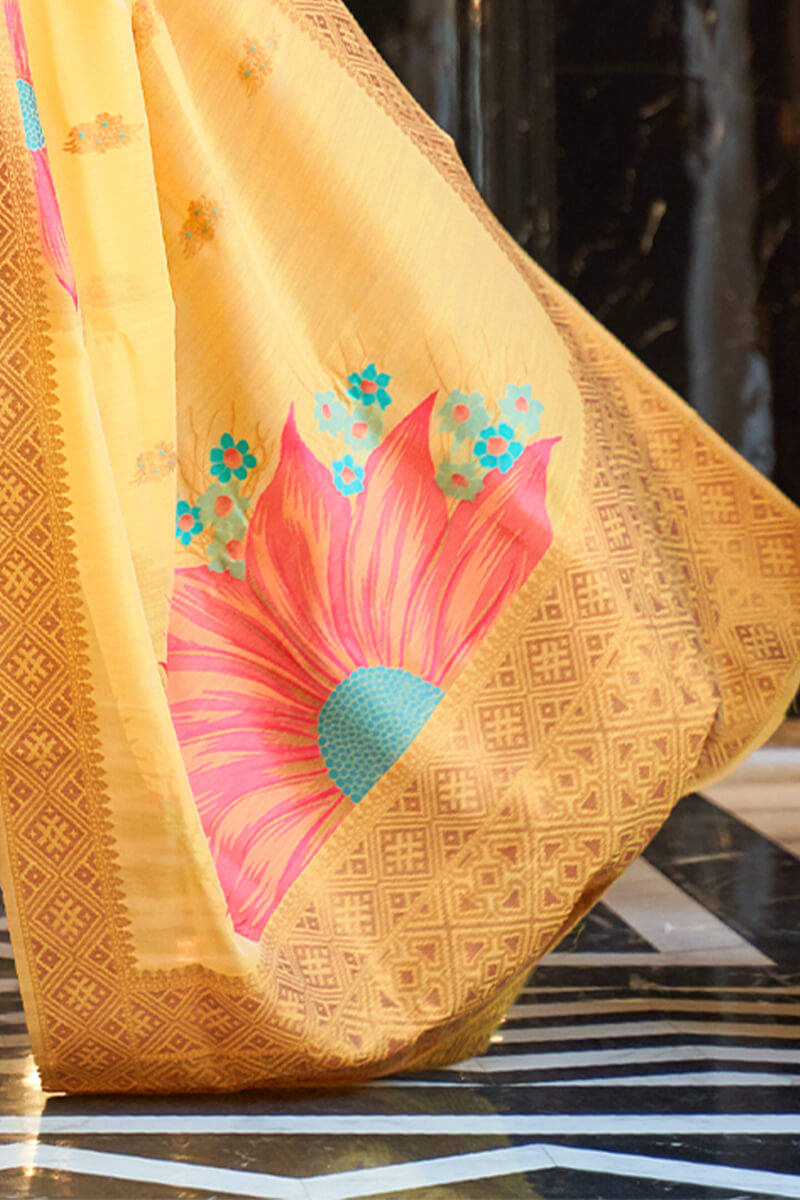 Outstanding Yellow Cotton Silk Saree With Invaluable Blouse Piece