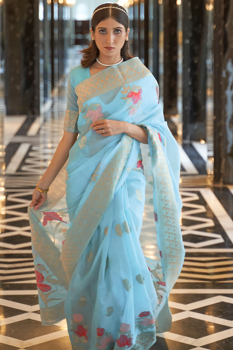 Unique Sky Cotton Silk Saree With Dazzling Blouse Piece