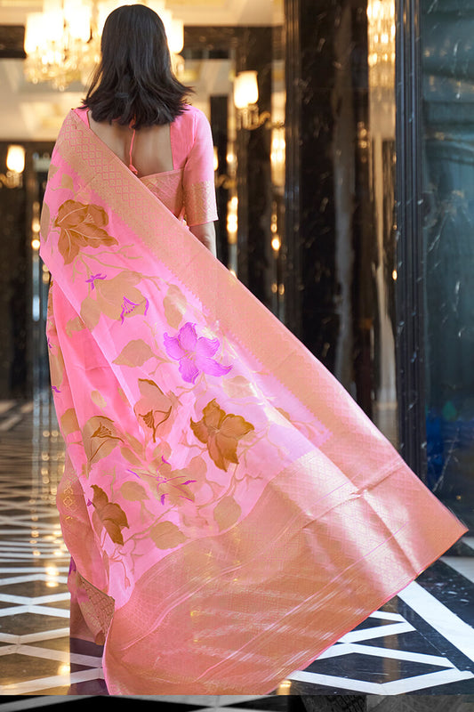 Capricious Pink Cotton Silk Saree With Adorning Blouse Piece