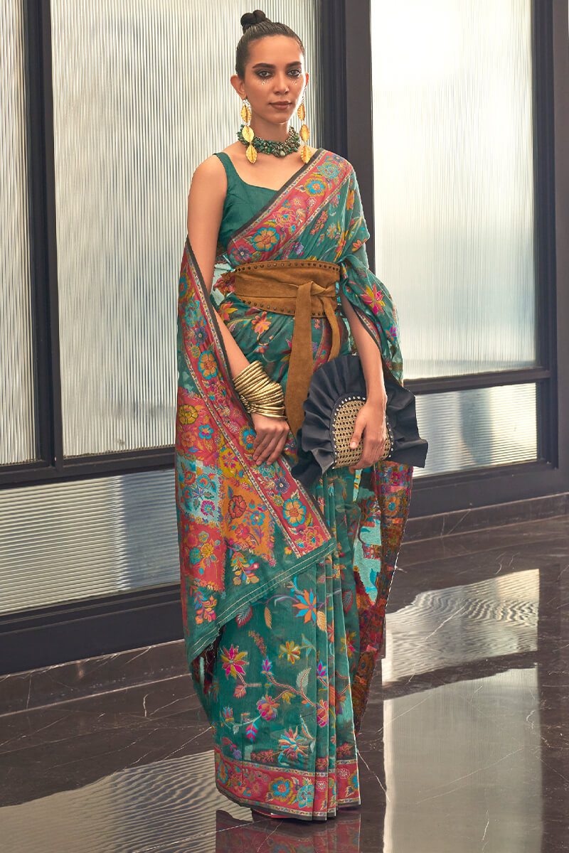 Amazing Rama Cotton Silk Saree With Pretty Blouse Piece