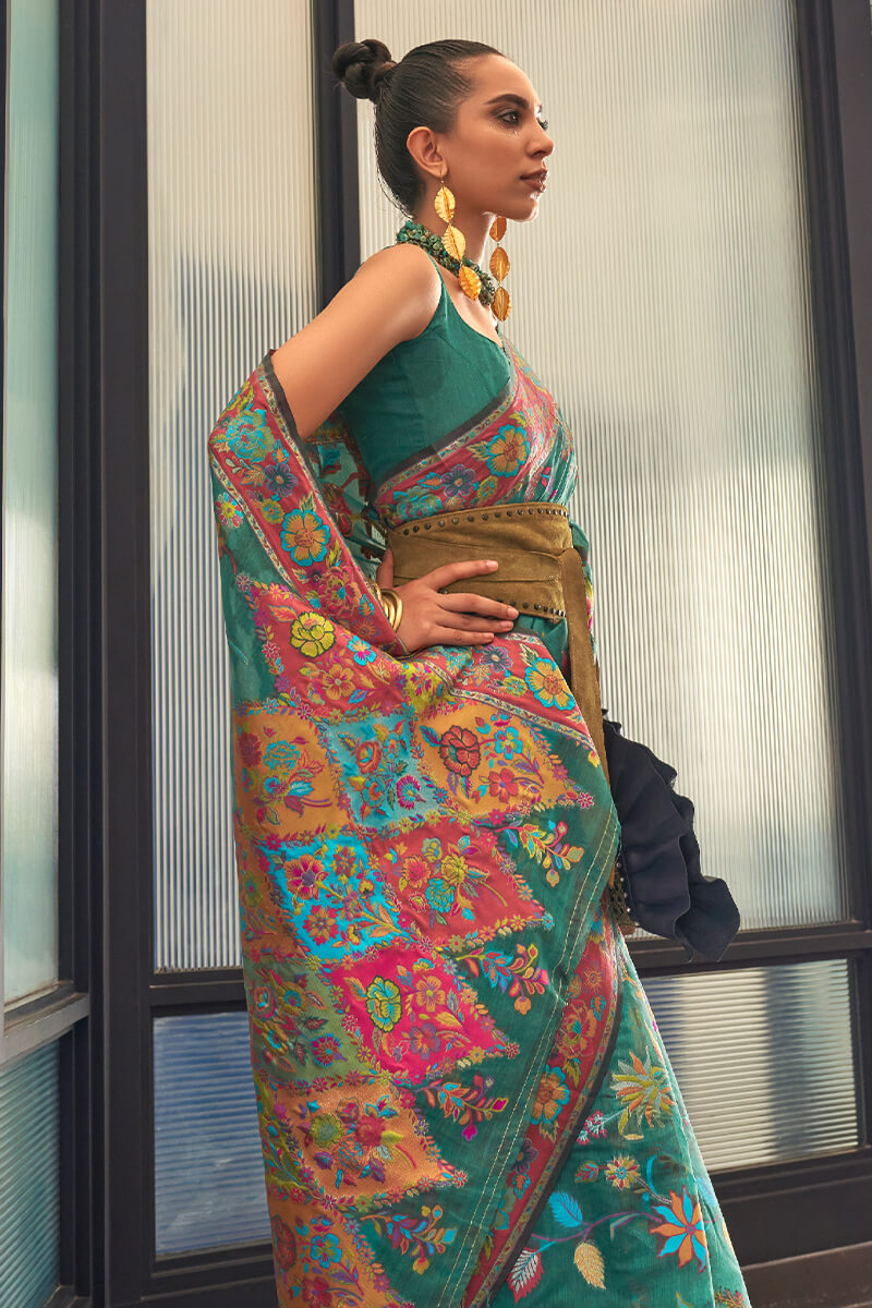 Amazing Rama Cotton Silk Saree With Pretty Blouse Piece