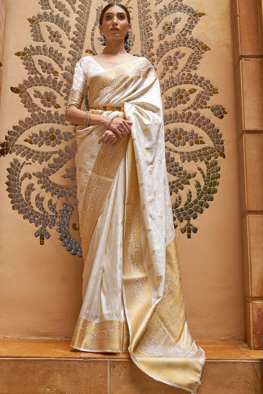 Ratatouille White Kanjivaram Silk Saree With Quintessential Blouse Piece
