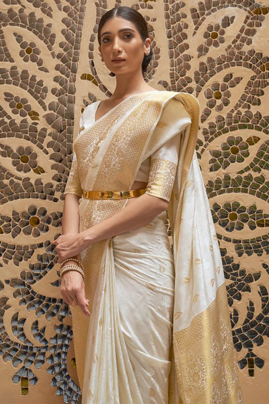 Ratatouille White Kanjivaram Silk Saree With Quintessential Blouse Piece