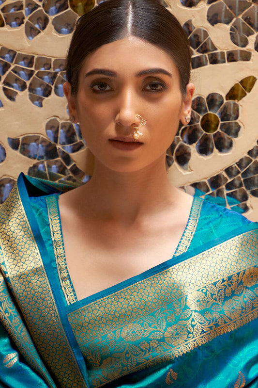 Palimpsest Firozi Kanjivaram Silk Saree With Petrichor Blouse Piece