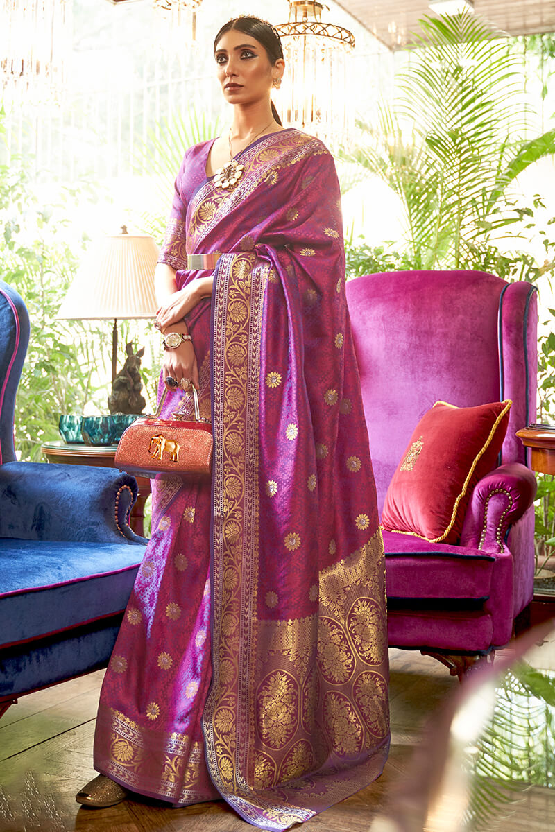 Scrumptious Purple Kanjivaram Silk Saree With Snazzy Blouse Piece