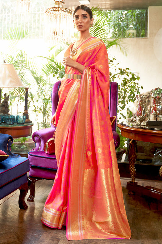 Incredible Peach Kanjivaram Silk Saree With Splendiferous Blouse Piece
