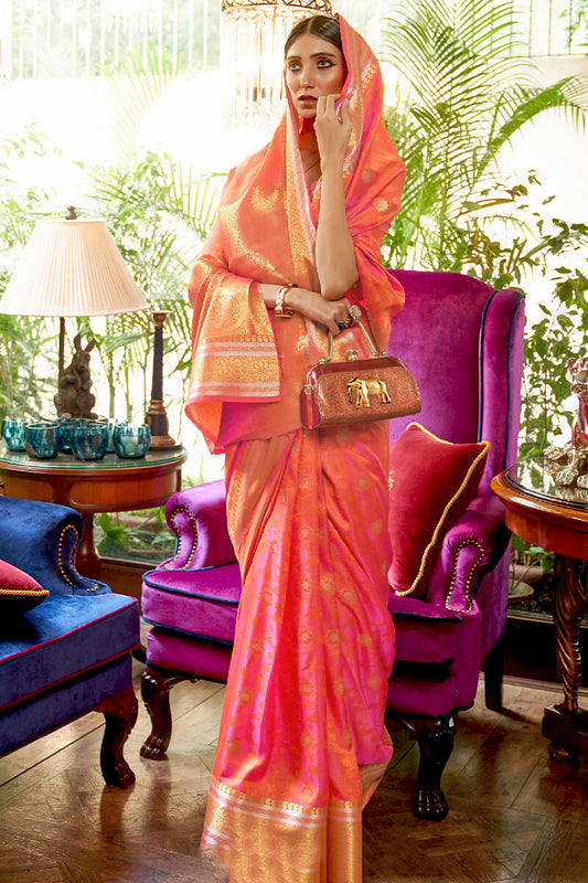 Incredible Peach Kanjivaram Silk Saree With Splendiferous Blouse Piece