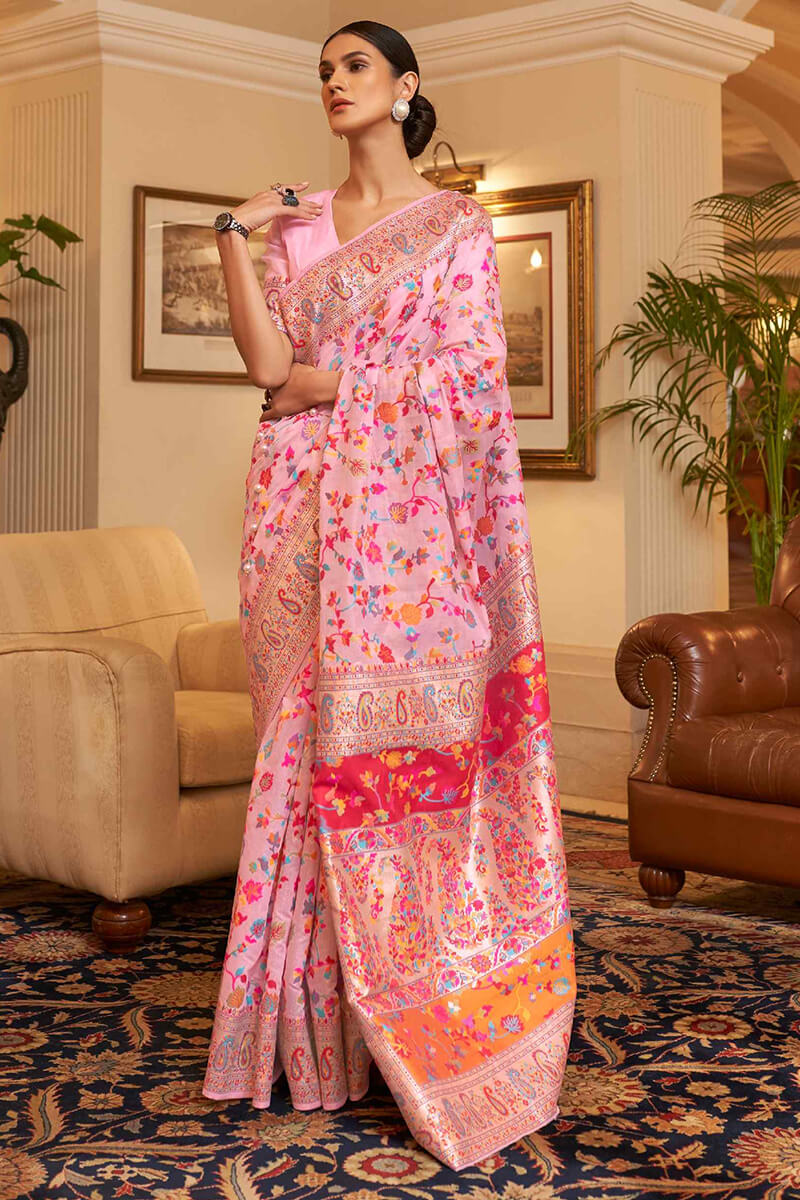 Tremendous Pink Pashmina saree With Incomparable Blouse Piece