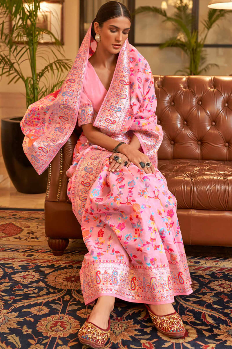 Tremendous Pink Pashmina saree With Incomparable Blouse Piece