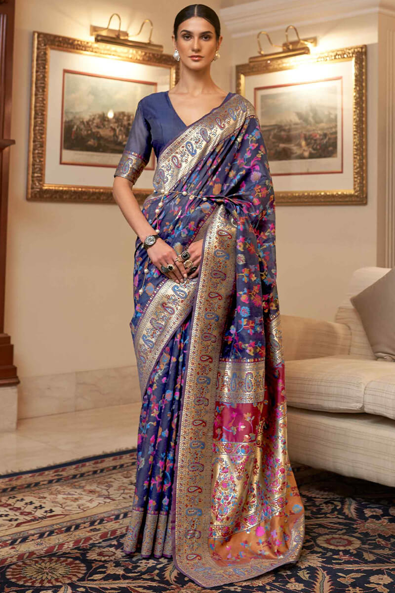 Proficient Navy Blue Pashmina saree With Elaborate Blouse Piece