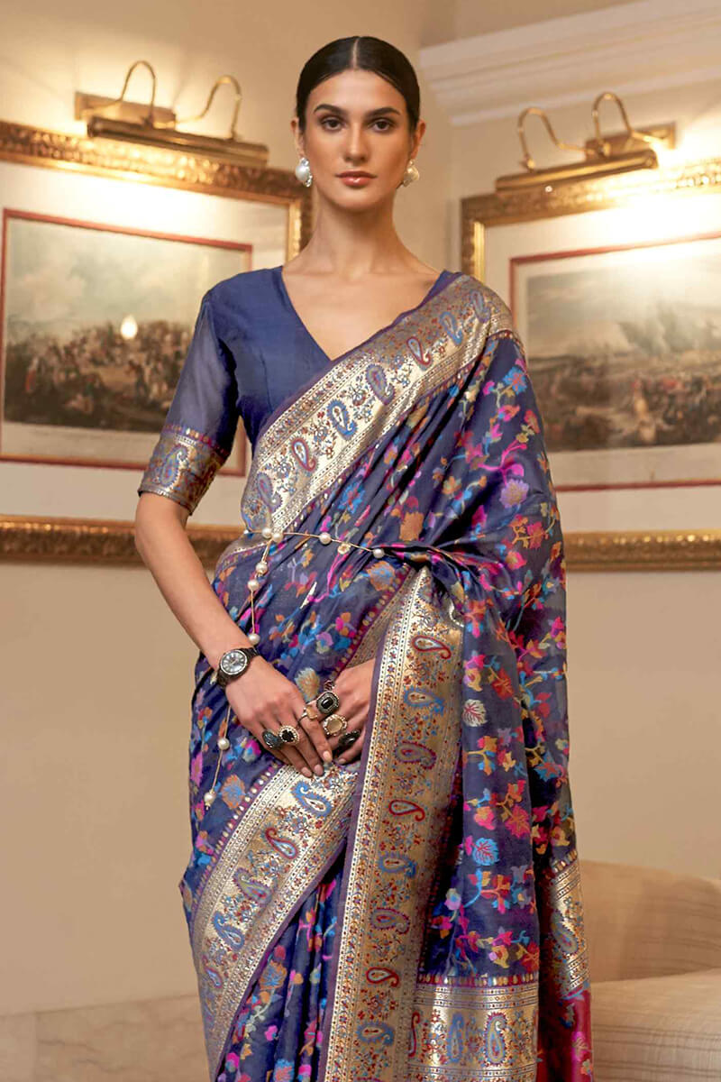 Proficient Navy Blue Pashmina saree With Elaborate Blouse Piece