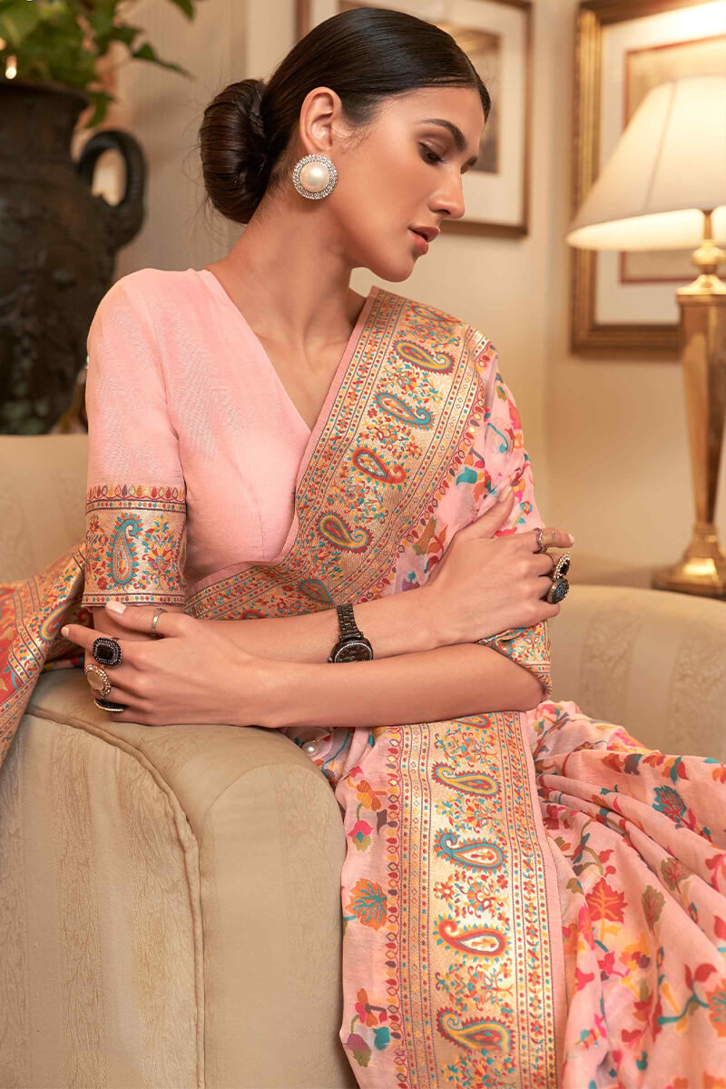 Enigmatic Baby Pink Pashmina saree With Resplendent Blouse Piece