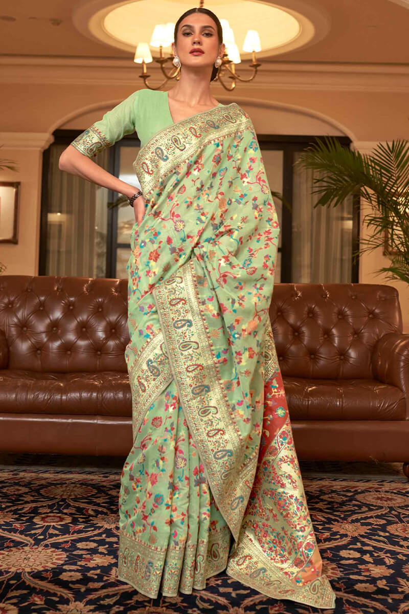 Winsome Pista Pashmina saree With Jubilant Blouse Piece