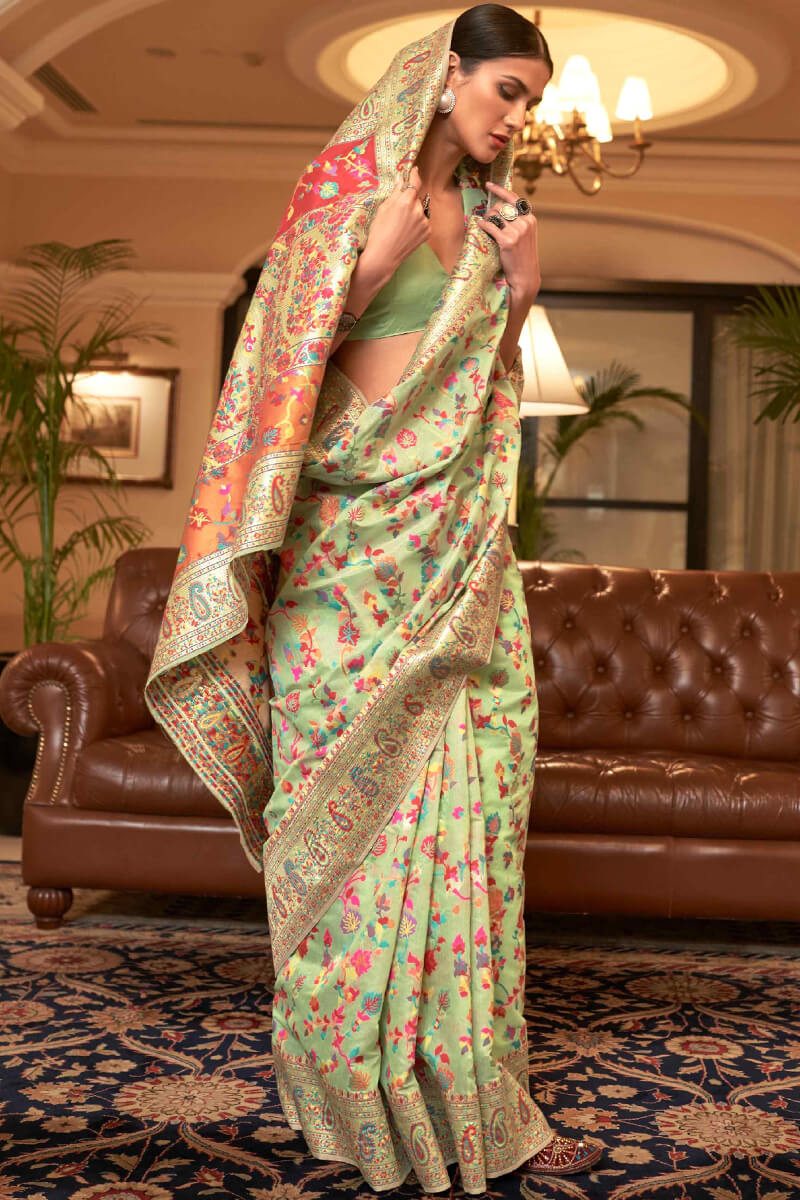 Winsome Pista Pashmina saree With Jubilant Blouse Piece