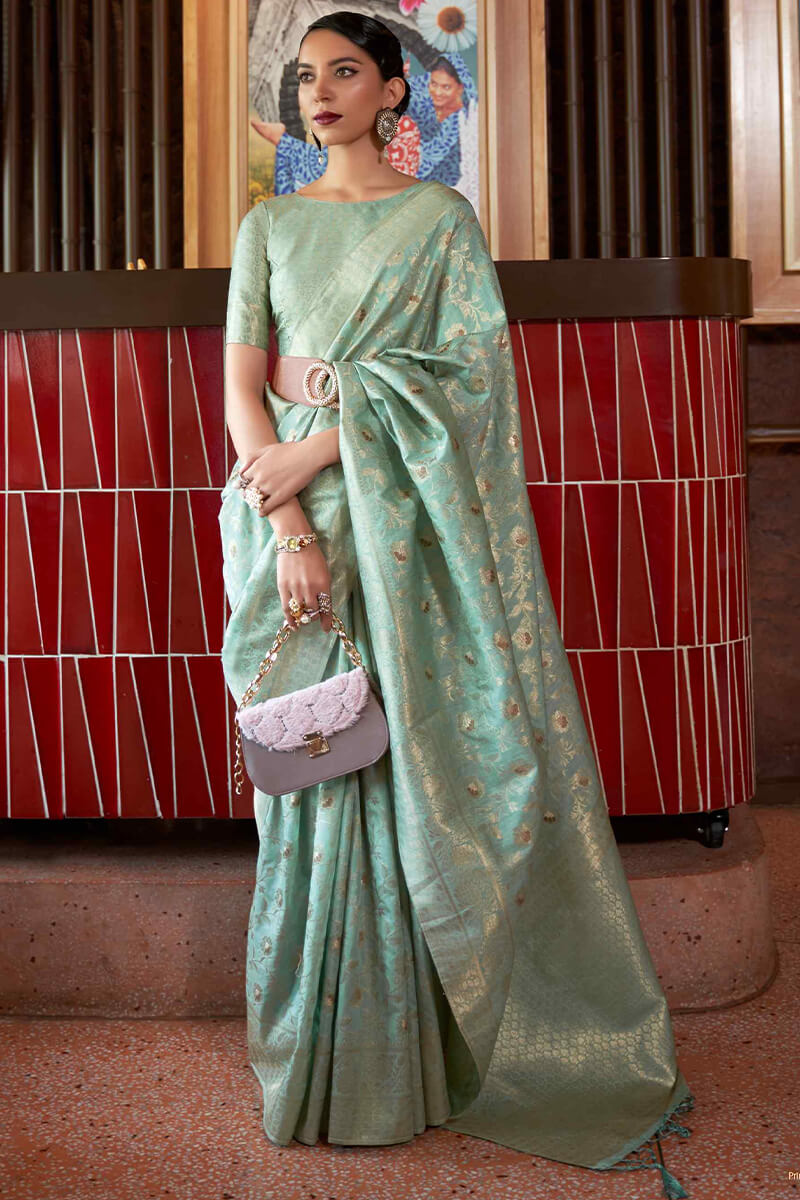 Wonderful Sea Green Soft Banarasi Silk Saree With Mesmerising Blouse Piece