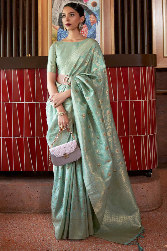 Wonderful Sea Green Soft Banarasi Silk Saree With Mesmerising Blouse Piece