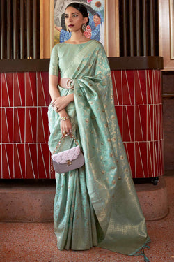Wonderful Sea Green Soft Banarasi Silk Saree With Mesmerising Blouse Piece