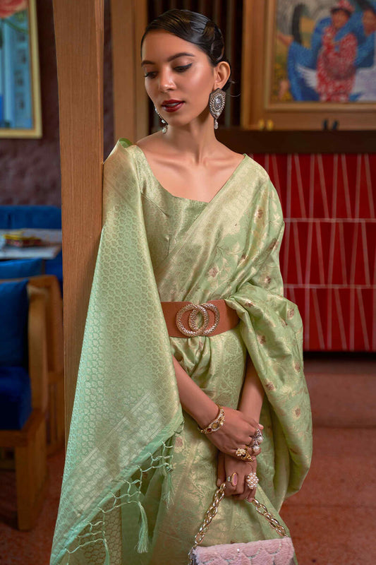 Gorgeous Pista Soft Banarasi Silk Saree With Alluring Blouse Piece