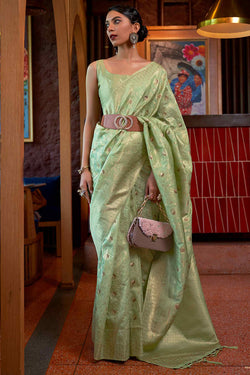 Gorgeous Pista Soft Banarasi Silk Saree With Alluring Blouse Piece