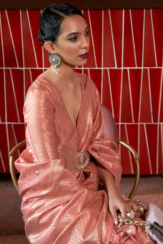 Flaunt Peach Soft Banarasi Silk Saree With Sizzling Blouse Piece