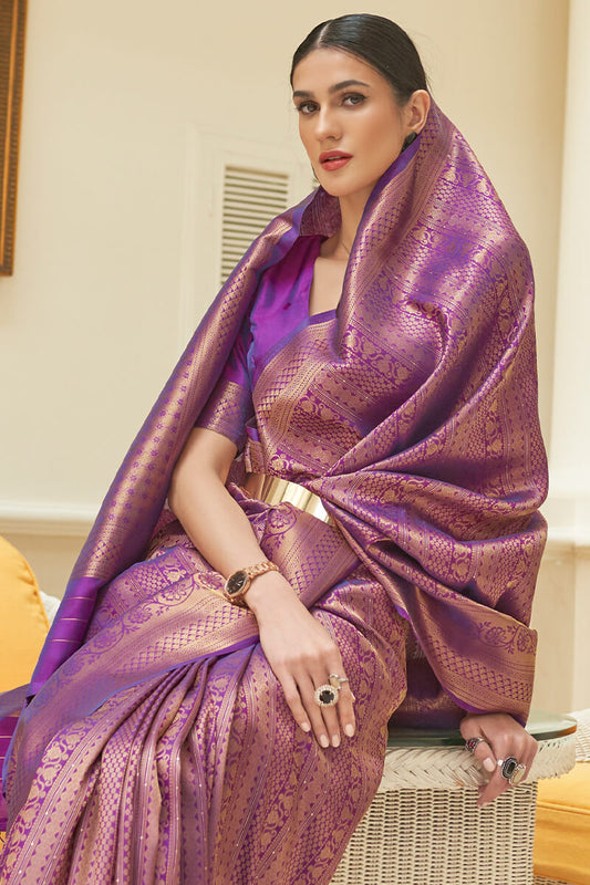 Whimsical Purple Kanjivaram Silk Saree With Charismatic Blouse Piece