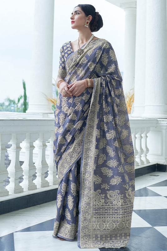 Panoply Blue Lucknowi Silk Saree With Quintessential Blouse Piece