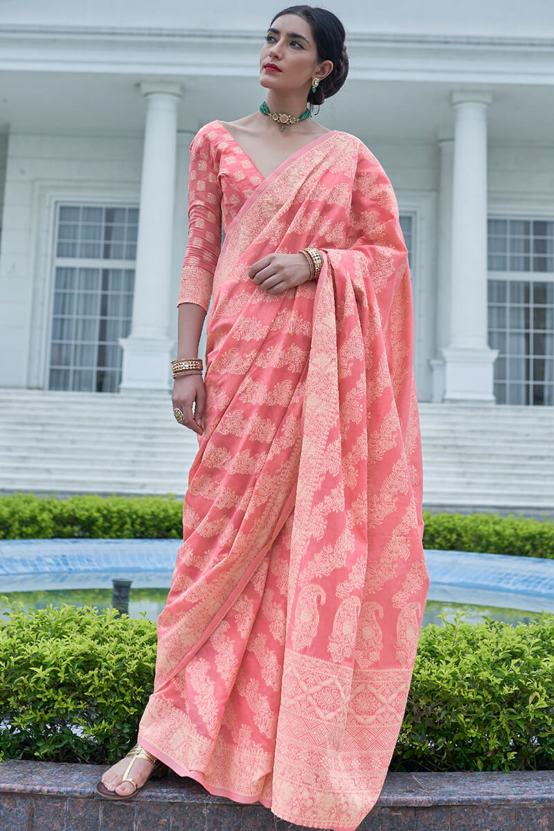 Murmurous Pink Lucknowi Silk Saree With Flameboyant Blouse Piece