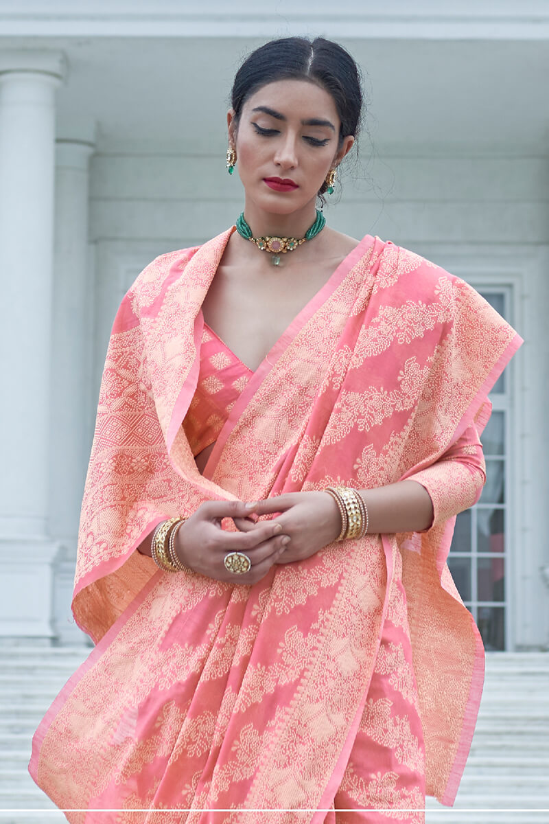 Murmurous Pink Lucknowi Silk Saree With Flameboyant Blouse Piece