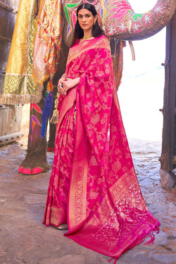 Panache Dark Pink Soft Banarasi Silk Saree With Pulsating Blouse Piece