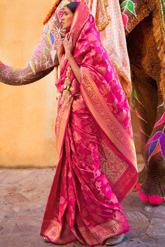 Panache Dark Pink Soft Banarasi Silk Saree With Pulsating Blouse Piece