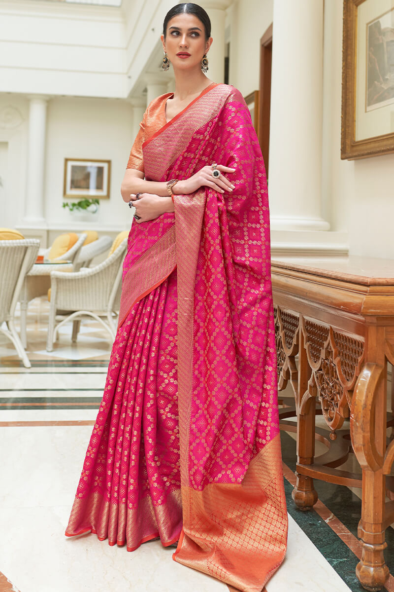 Grandiose Dark Pink Soft Patola Silk Saree with Ephemeral Blouse Piece