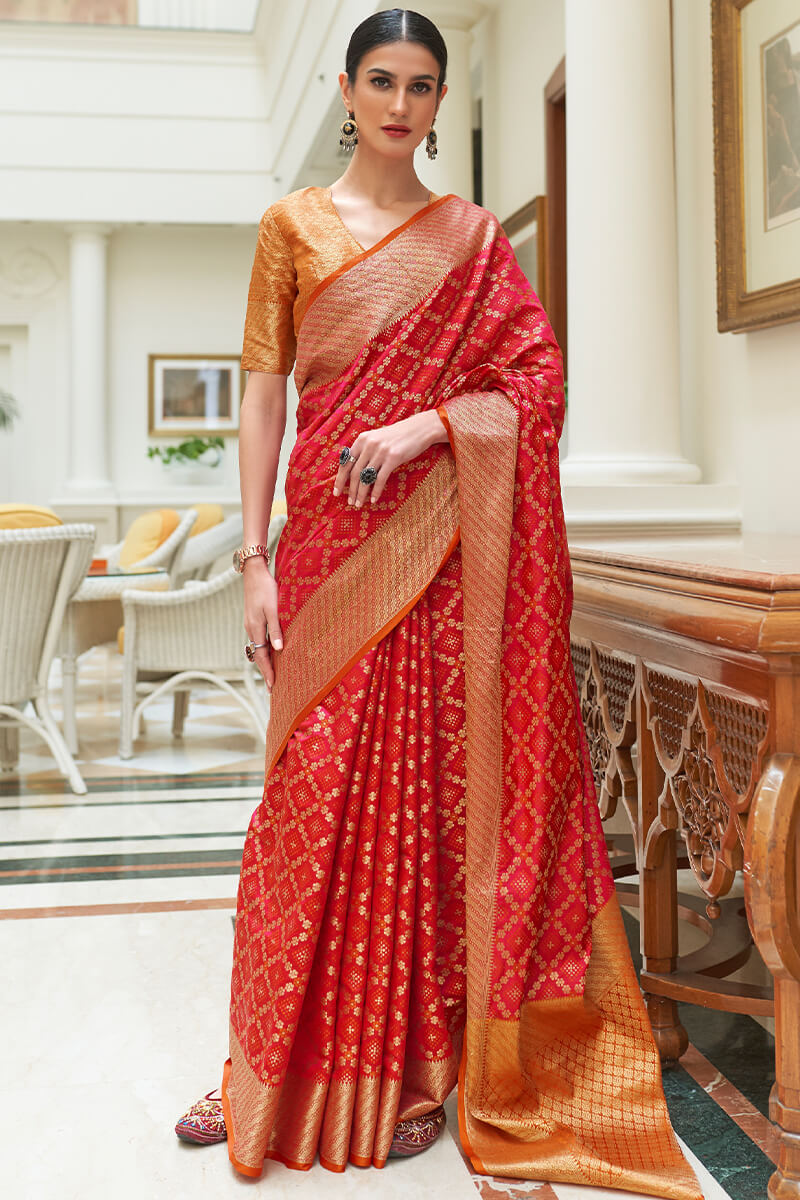 Nectarous Red Soft Patola Silk Saree with Sonorous Blouse Piece