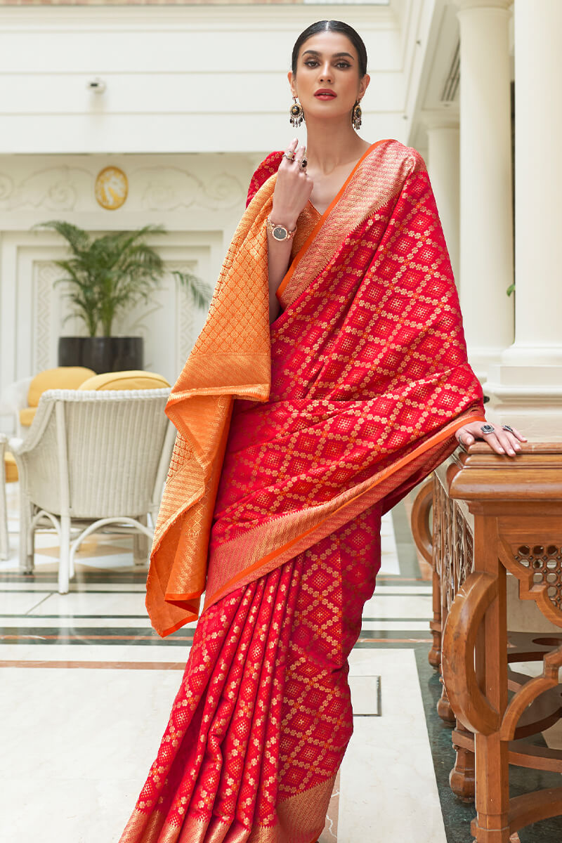 Nectarous Red Soft Patola Silk Saree with Sonorous Blouse Piece