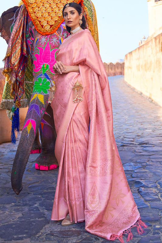 Posh Pink Kanjivaram Silk Saree with Rhapsody Blouse Piece