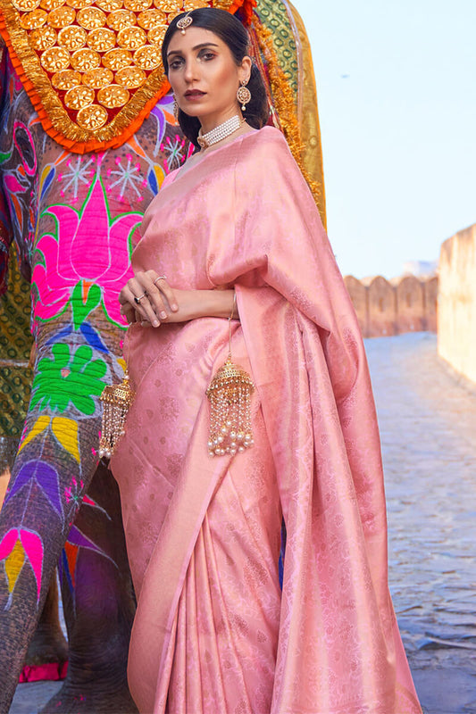 Posh Pink Kanjivaram Silk Saree with Rhapsody Blouse Piece