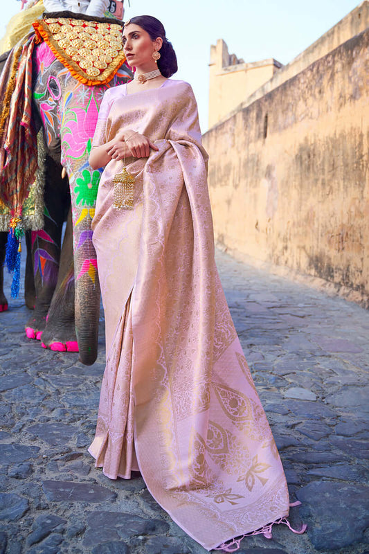 Luminous Baby Pink Kanjivaram Silk Saree with Lustrous Blouse Piece