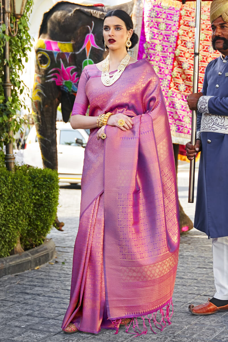 Gossamer Purple Kanjivaram Silk Saree With Snappy Blouse Piece