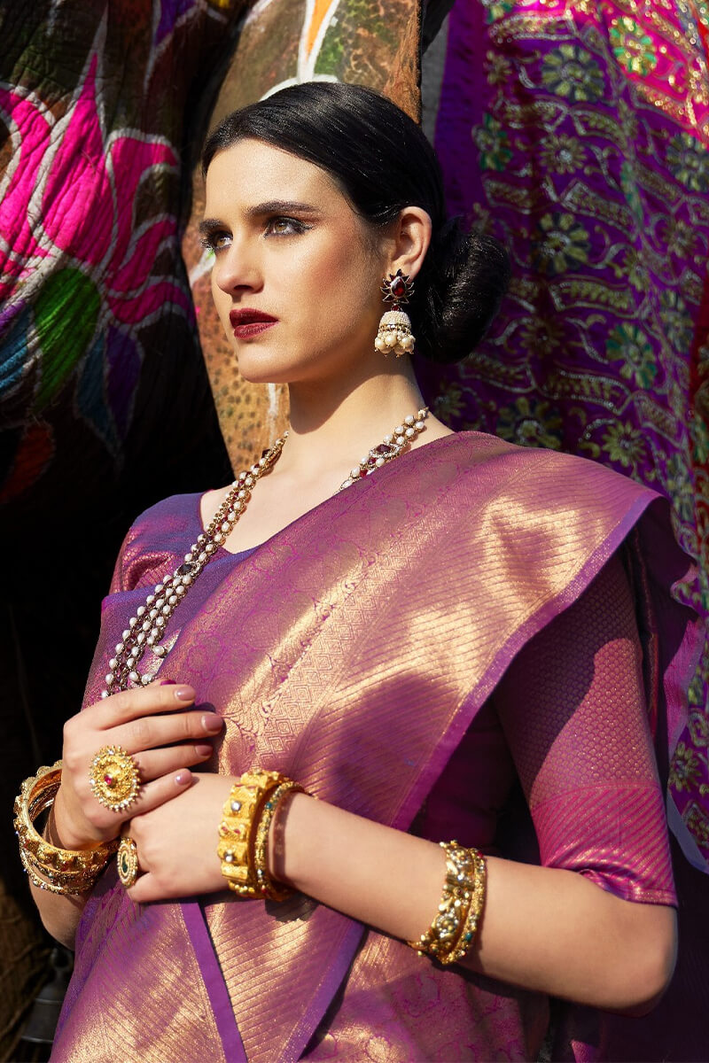 Gossamer Purple Kanjivaram Silk Saree With Snappy Blouse Piece