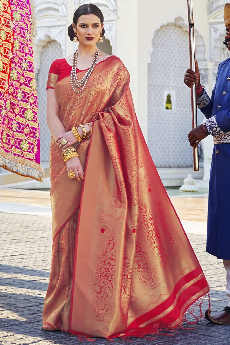 Dulcet Red Kanjivaram Silk Saree With Embellished Blouse Piece