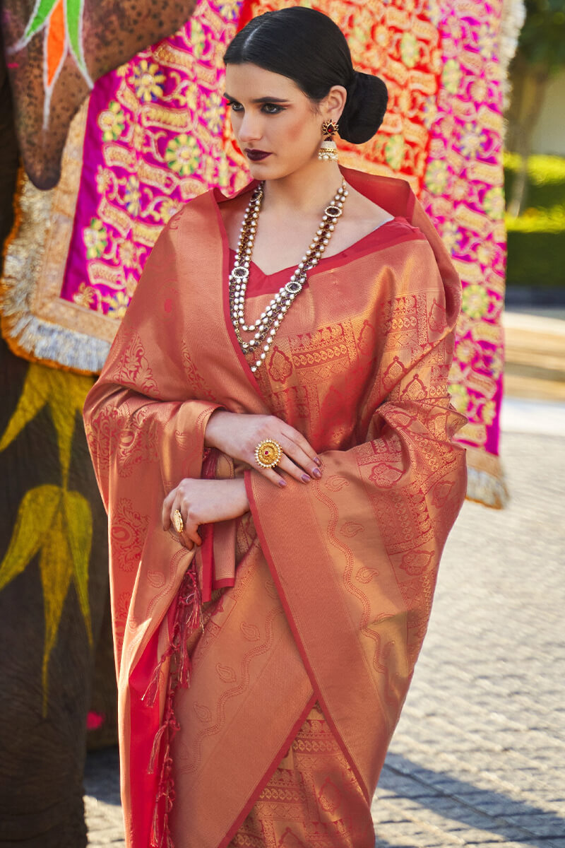 Dulcet Red Kanjivaram Silk Saree With Embellished Blouse Piece