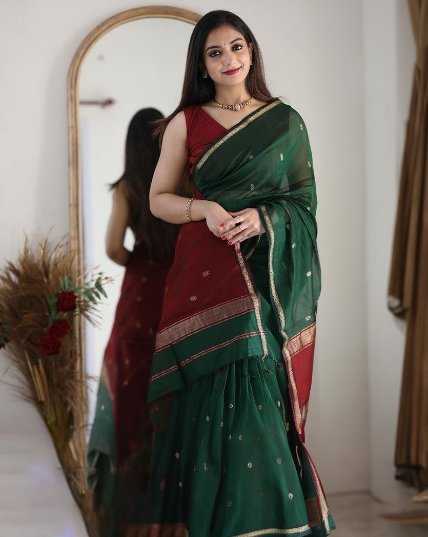 Snazzy Green Cotton Silk Saree With Prodigal Blouse Piece