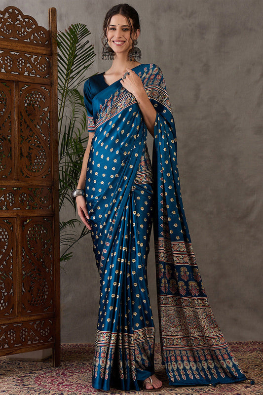 Jubilant Rama Ajrakh Printed Semi Modal Silk Saree With Invaluable Blouse Piece