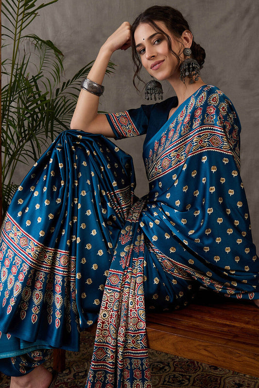 Jubilant Rama Ajrakh Printed Semi Modal Silk Saree With Invaluable Blouse Piece