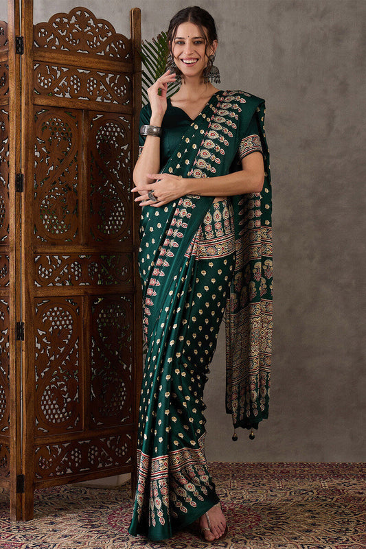 Propinquity Dark Green Ajrakh Printed Semi Modal Silk Saree With Snazzy Blouse Piece