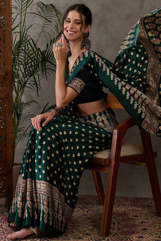 Propinquity Dark Green Ajrakh Printed Semi Modal Silk Saree With Snazzy Blouse Piece