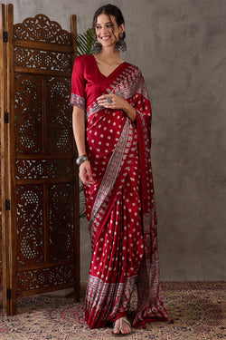 Fugacious Red Ajrakh Printed Semi Modal Silk Saree With Murmurous Blouse Piece