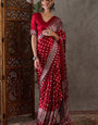 Fugacious Red Ajrakh Printed Semi Modal Silk Saree With Murmurous Blouse Piece